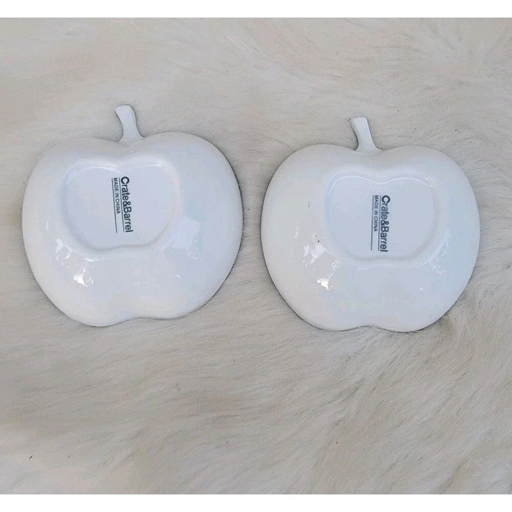 Set Of 2 crate and barrel small White Ceramic apple shaped sauce snack bowls